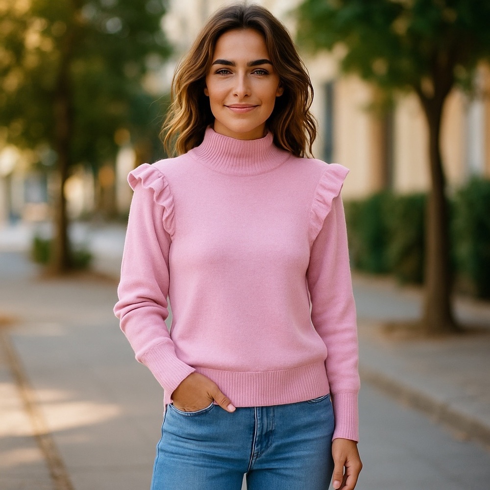 Loft by Ann Taylor Pink Ruffle Mock Neck Sweater Size Small